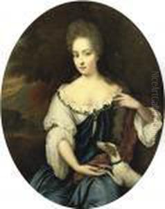 Portrait Of A Lady,
Three-quarter-length, In A Blue Dress With Awhite Chemise And A Crimson
Wrap With A Dog By Her Side Portrait Of A Lady,
Three-quarter-length, In A Blue Dress With Awhite Chemise And A Crimson
Wrap With A Dog By Her Side