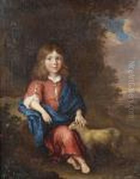 Portrait Of A Young Boy Seated,
Small Full-length, As A Shepherd In A Red Dress And A Blue Wrap, A Lamb
At His Side In A Landscape - view 1