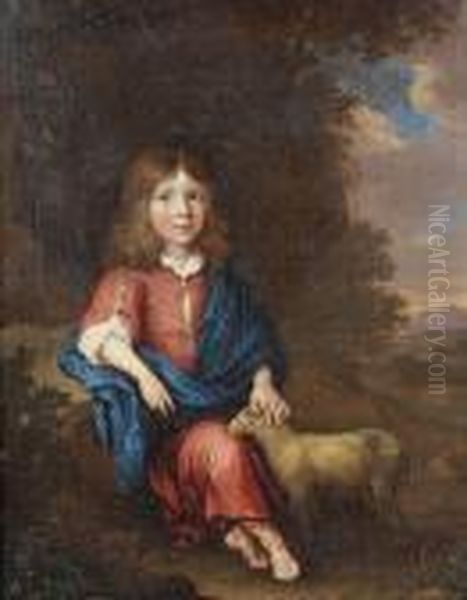 Portrait Of A Young Boy, Seated 
Small Full-length, As A Shepherd In A Red Dress And A Blue Wrap, A Lamb 
At His Side In A Landscape - view 1