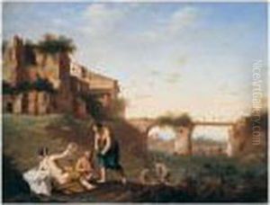 An Italianate Landscape With Nymphs Bathing by Jan van Haensbergen
