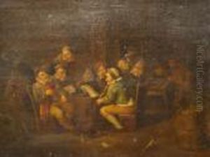 An Interior Of A Tavern With Jovial Figures Seated Round A Barrel Singing And Smoking