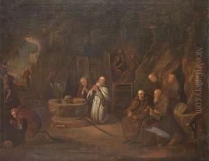 Monks At Prayer In A Grotto by Maarten Van Heemskerck