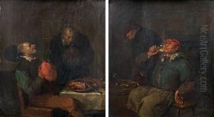 Pendants - "zwei Manner An Einem Tisch" Und "trinkende Undrauchende Manner" by Egbert Van Heemskerck