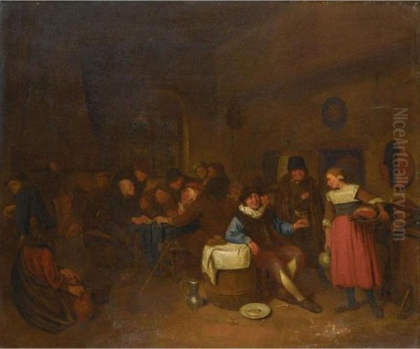 Tavern Interior With Boors
Playing Cards And Drinking And A Serving Maid
Holding A Joint Of Ham - view 1