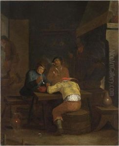 A Tavern Interior With Peasants Smoking And Drinking