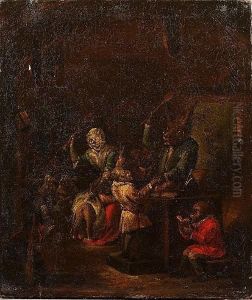 A Monkey School With A Cat And An Ass Disciplining Two Monkeys, A Monkey Reading Beyond by Egbert Van Heemskerck