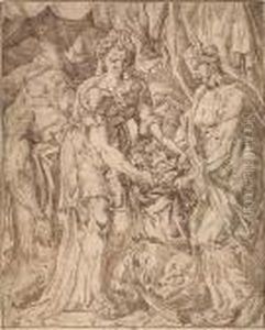 Judith Putting Holofernes Head In A Sack (book Of Ruth 13:11)<</b> by Maerten van Heemskerck