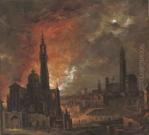 A City On Fire At Night With Townsfolk Fleeing