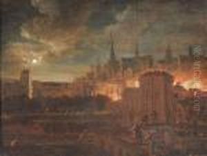 A Conflagration Outside The Gates Of A Town. Oil/panel