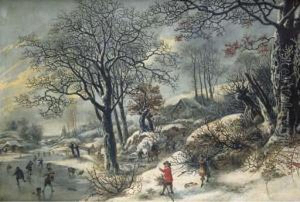 A Frozen River Landscape With Huntsmen And Skaters - view 1