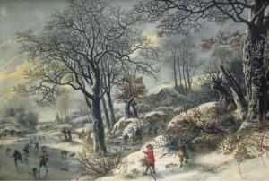 A Frozen River Landscape With Huntsmen And Skaters