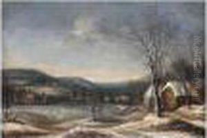 A Winter Landscape With Skaters On A Lake, A Village Beyond by Daniel van Heil
