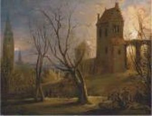 A Town At Sunset With A House On Fire In The Foreground A Town At Sunset With A House On Fire In The Foreground