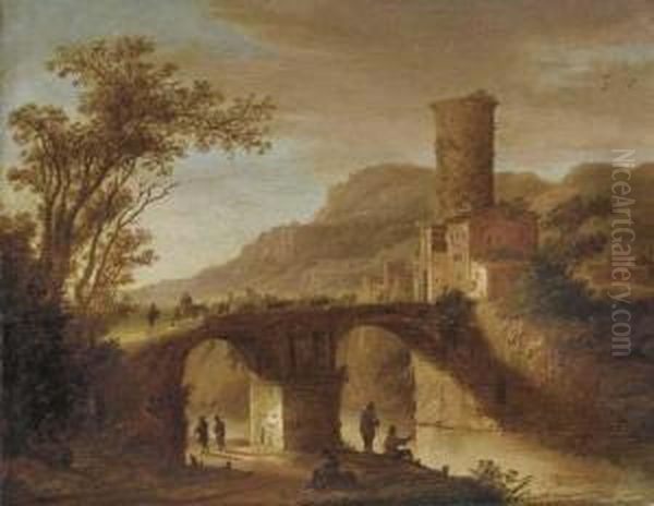 An Italianate Landscape With
Fishermen By A River And Peasants Crossing A Bridge Leading To A Town - view 1