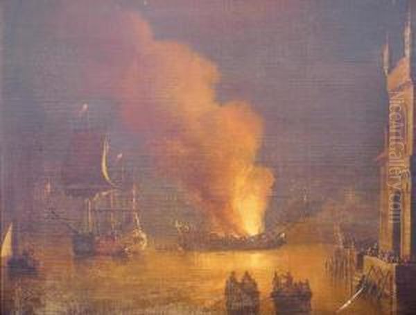 Ship Burning In A Harbor - view 1