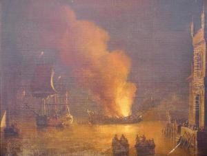 Ship Burning In A Harbor