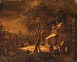 A Winter Landscape With Travellers On A Path In A Village, A Frozenwaterway Nearby