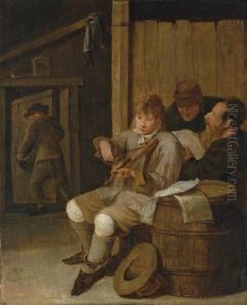 A Young Fiddler Making Music Accompanied By Two Peasants Singing In An Interior - view 1