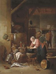 A Tavern Interior With A Woman Cleaning A Cauldron