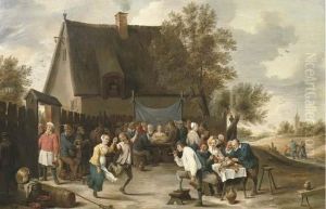 Villagers Celebrating A Wedding Feast Outside A Country Tavern by Matheus van Helmont