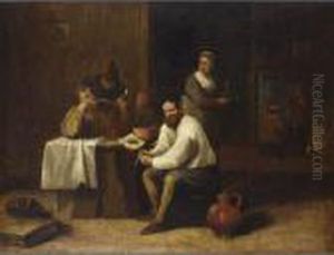 Peasants Sitting Around A Table And Smoking, Figures Near A Fireplace In The Background by Matheus van Helmont