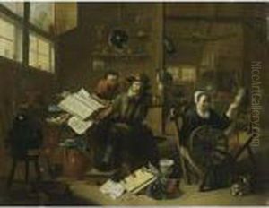 An Interior Scene With An
Alchemist And His Assistant, Together With A Woman Behind A Spinning
Wheel And A Cat by Matheus van Helmont
