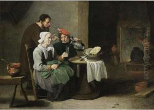 A Peasant Woman And A Young Man
Eating And Drinking At A Table, With A Man Standing Behind, Other
Figures Near A Fireplace In The Background by Matheus van Helmont