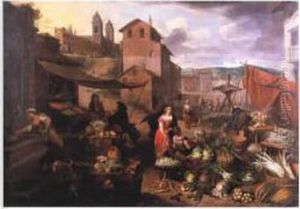 Scene De Marche Sur La Piazza Del Popolo by Matheus van Helmont