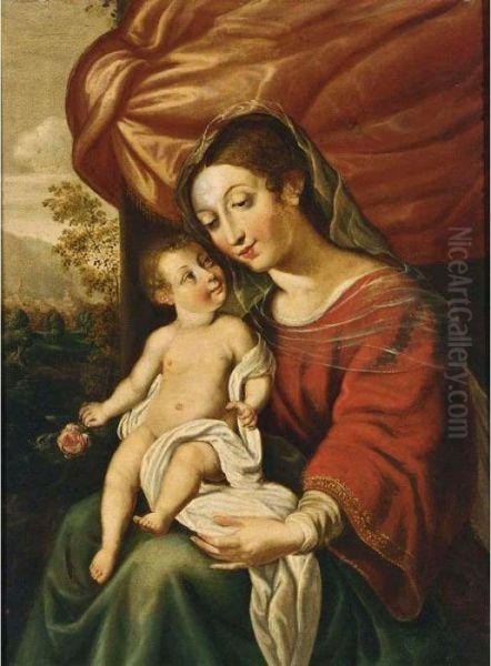 Madonna And Child Before A Curtain, A Landscape Beyond - view 1