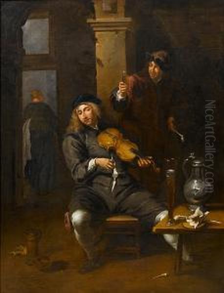 An Interior With A Young Man Playing A Violinand Another Raising A Glass Of Wine - view 1