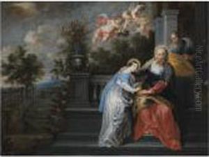 Saint Anne Teaching The Virgin
Mary To Read, In A Garden Setting,with Two Angels Descending, Bearing A
Floral Crown by Willem van, the Elder Herp