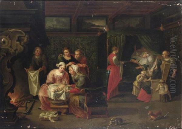 An Interior With Women Visiting A
Mother Of A Newly-born Child And Small Children Near A Fireplace - view 1
