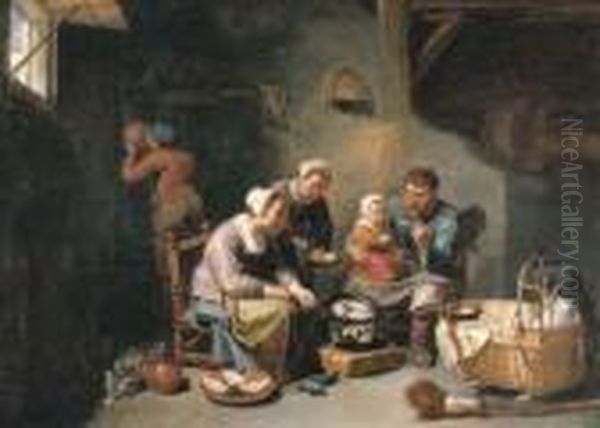 A Peasant Family Frying Fish In An Interior - view 1