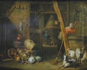Interno Con Figure, Ovini, Verdura E Vasellame.