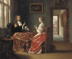 An Elegant Couple Playing Cards by Samuel Van Hoogstraten