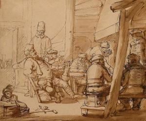 A Tavern Interior With Peasants Smoking And Drinking. by Samuel Van Hoogstraten