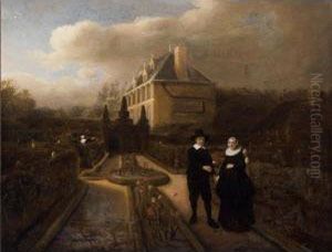A Portrait Of Johan Cornelisz. 
Vijgeboom (died 1665) Handing His Wife, Anneken Joosten Boogaert (died 
1650) A Tulip In The Garden Of Their Manor House Near Dubbeldam