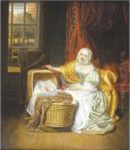 A Mother With A Child In A Wicker Cradle In A Paneled Room by Samuel Van Hoogstraten