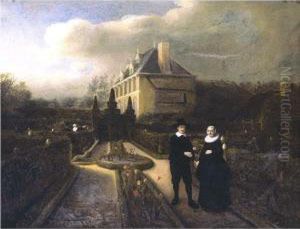 Portrait Of A Jan Cornelisz. 
Vijgeboom Handing His Wife, Anneken Joosten Boogaert A Tulip In The 
Garden Of A Manor House