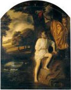 A Young Boy Preparing To Bathe In A Stream, Watched By A Girl by Samuel Van Hoogstraten
