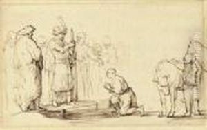 A Man Kneeling Before Men With Turbans