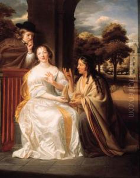 A Gipsy Telling The Fortune Of A
 Young Couple Under An Arcade: Sheseated Small Full Length, Wearing A 
White Silk Dress With Yellowwrap, He Leaning Over A Balustrade, Wearing A
 Light Brown Mantle, Acountry House In A Garden Beyond - view 1