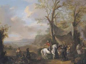 An extensive landscape with a hunting party taking refreshment under an awning by Carel van Falens or Valens