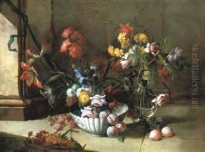 Roses, Carnations And Other
Flowers And Plums In A Porcelain Bowl,by A Ewer With Roses On A Stone
Floor by Niccolino Van Houbraken