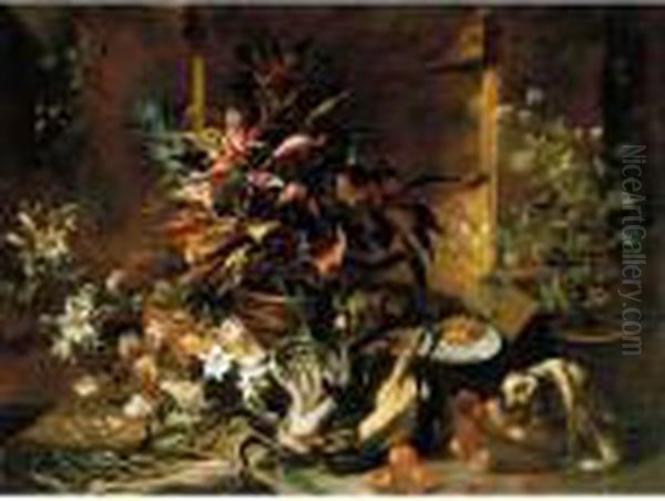 Still Life With Potted Plants
And Roses, A Dog, A Basket Of Apples, Fennel, And A Semi-plucked
Rooster, A Bread Roll On A Plate And A Wine-glass - view 1