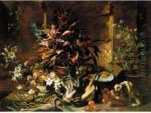 Still Life With Potted Plants
And Roses, A Dog, A Basket Of Apples, Fennel, And A Semi-plucked
Rooster, A Bread Roll On A Plate And A Wine-glass by Niccolino Van Houbraken