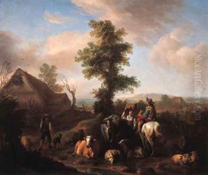 A peasant woman meeting a shepherd on a river bank in a summer landscape by Carel van Falens or Valens