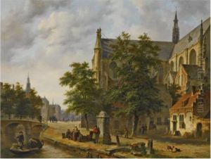 Figures Near A Church In A Dutch Town