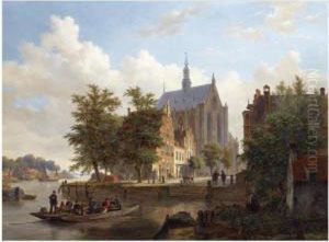 A Ferry Crossing The Binnen 
Spaarne Canal In Haarlem, The Sint Bavochurch In The Background