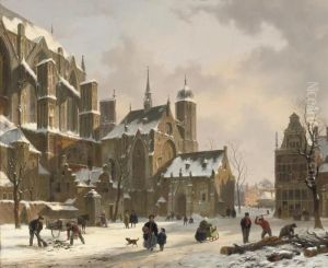 Daily Activities Near A Sunlit Church In Winter